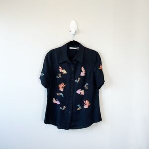 Sarah Spencer Black Linen Blend Button Down Blouse Koi Fish Embroidered Size 10